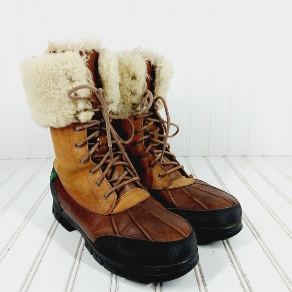 Lauren Ralph Lauren ]Tan Brown Fur Lined Mid Calf Quinta Duck Lace Boots K159 - Picture 4 of 11